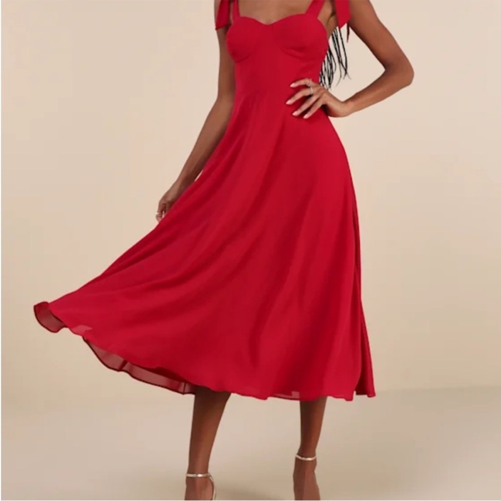 Lulus Women Sophisticated Charisma Tie-Strap A-Line Midi Dress Red M